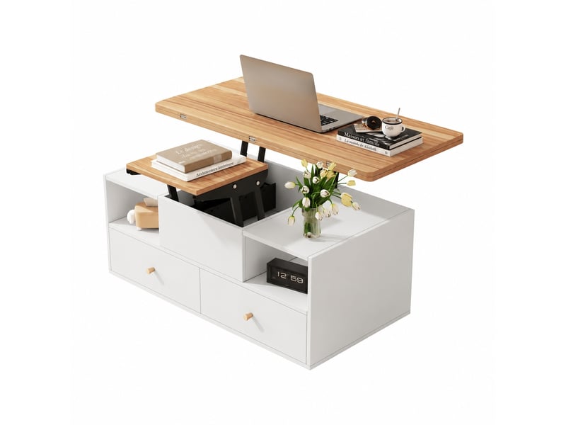  Table basse relevable hydraulique, extensible, 4 tiroirs, roulettes, 100 x 50, blanc et effet noyer  - Conforama A