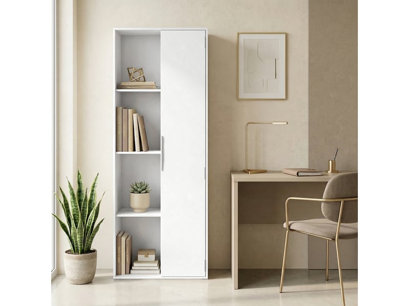  Bibliothèque à 4 niveaux avec étagères réglables, meuble de rangement avec placard et portes pour salon ou bureau, blanc  - Conforama C