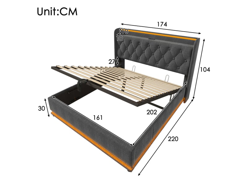  Lit coffre 160x200 cm led 360°, usb type-c, gris, lin, sans matelas  - Conforama E