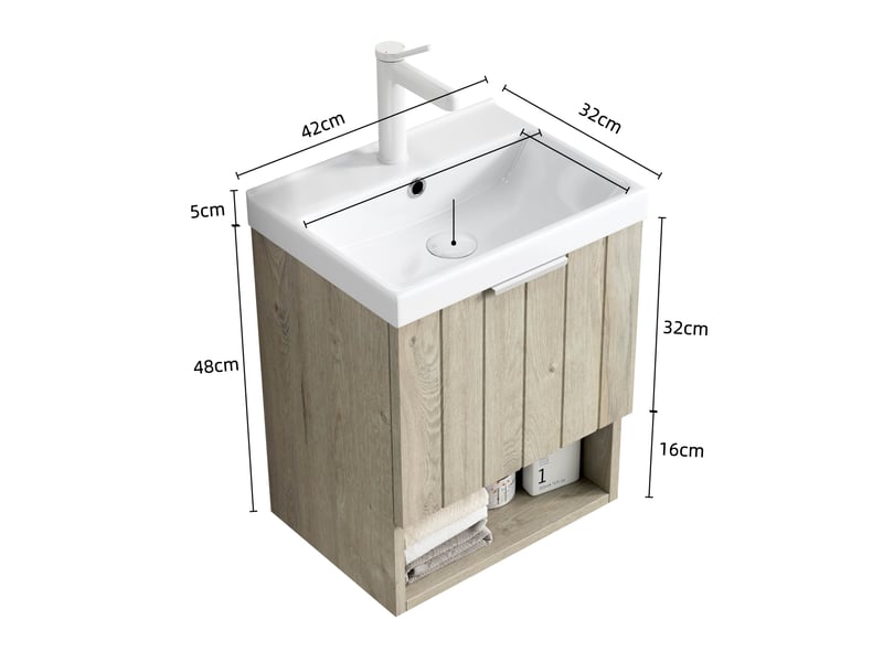 Meuble sous vasque mural avec 2 portes et étagère ouverte, vasque en céramique, salle de bain, 49×39×61 cm - Conforama D