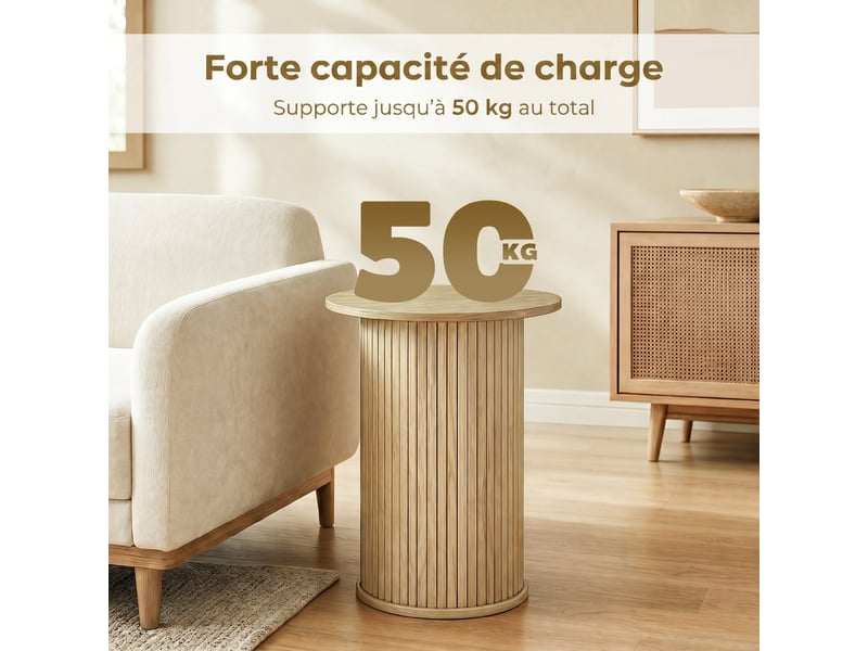  Table d'appoint ronde  48 cm, table basse avec pieds cannelés pour salon, chêne, chambre ou petit espace  - Conforama E
