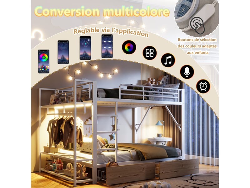  Lit superposé 140x200cm, lit enfant, adulte, led, 2 tiroirs, rangements et penderie, mdf et métal, blanc sans matelas  - Conforama E