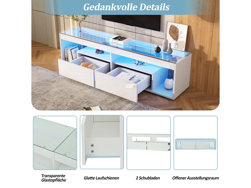 Meuble tv led 180x40x46 cm haute brillance pour tv jusqu’à 70 pouces avec 2 tiroirs, salon chambre, panneaux de particules, blanc Sol Morn - Conforama E