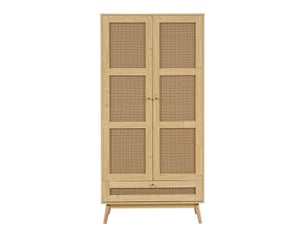 Armoire 2 portes avec tringle et rotin naturel en maille, couvercle rabattable en bas, panneaux de particules