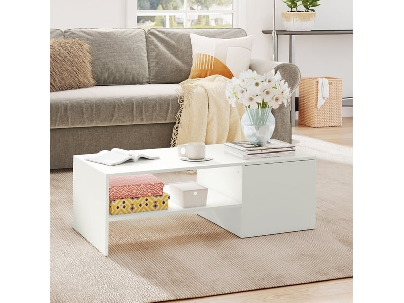  Table basse avec plateau coulissant, rangement caché et niche ouverte, finition mélaminée blanche pour le salon  - Conforama B