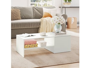 Table basse avec plateau coulissant, rangement caché et niche ouverte, finition mélaminée blanche pour le salon