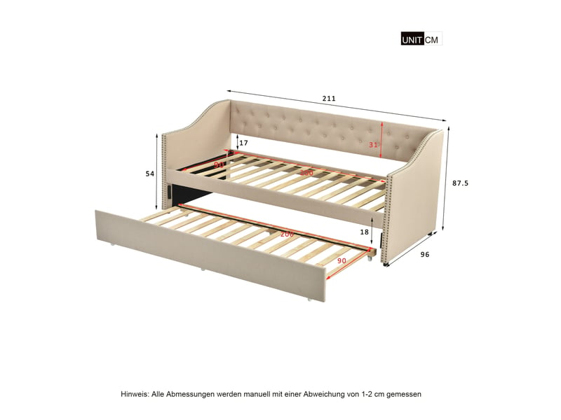  Lit de repos extensible 90 x 200 cm, canapé-lit avec lit gigogne, lit pour enfant (chambre ou salon), revêtement en tissu, sans matelas  - Conforama C