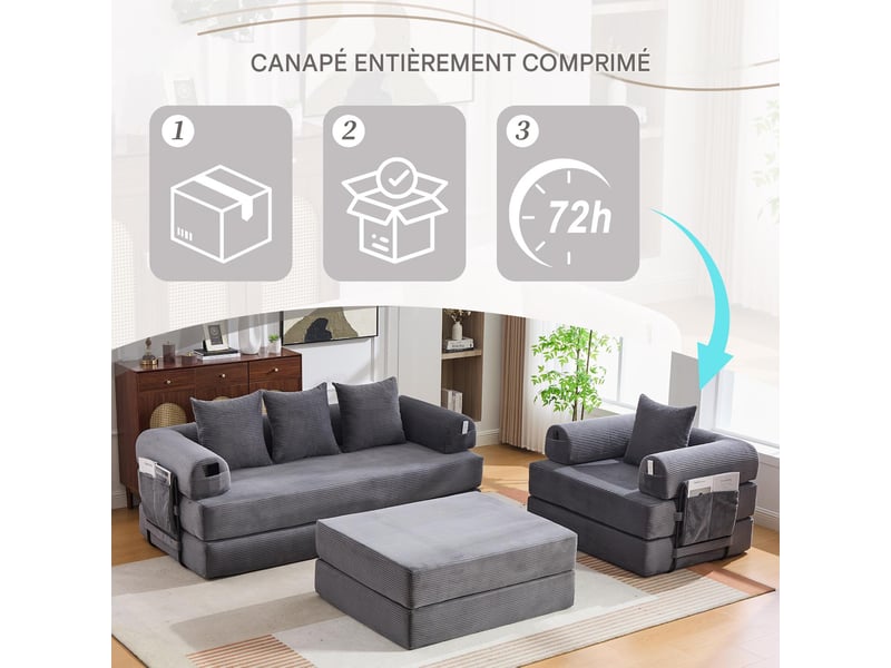  Canapé modulable 4 places en velours côtelé avec pouf gris foncé W2845S00389 - Conforama E
