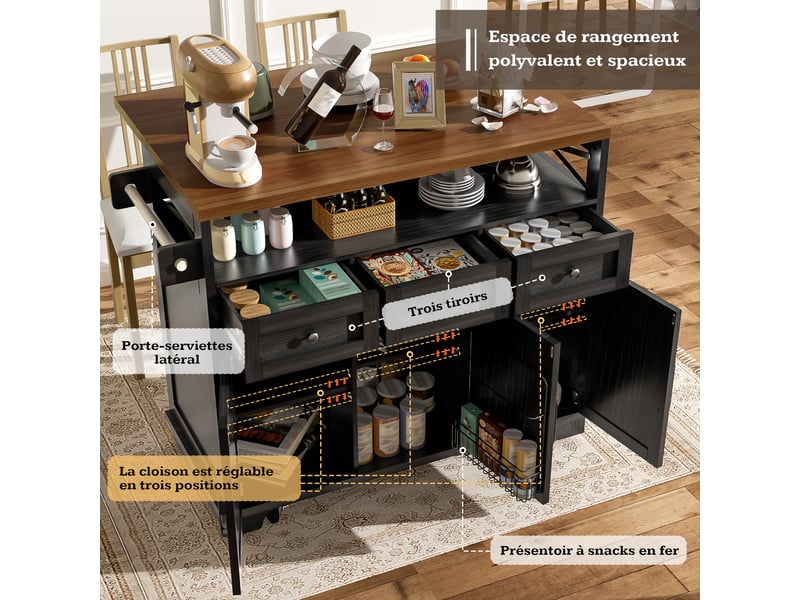  Desserte de cuisine avec 3 tiroirs, plateau rabattable, porte-serviettes et roulettes freinées en mdf noir 118×43-80×98 cm  - Conforama E