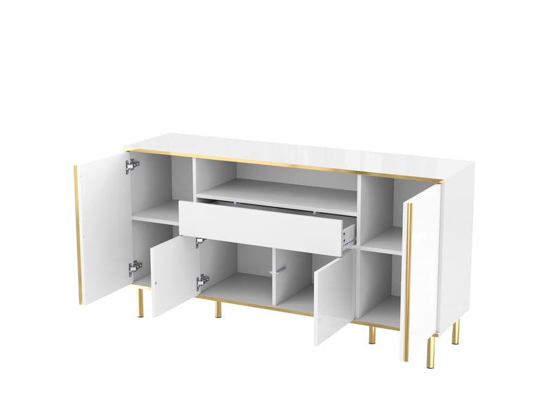  Buffet avec 4 portes, 1 tiroir et led pour salon en mdf et panneaux de particules 150×40×80 cm blanc brillant  - Conforama D