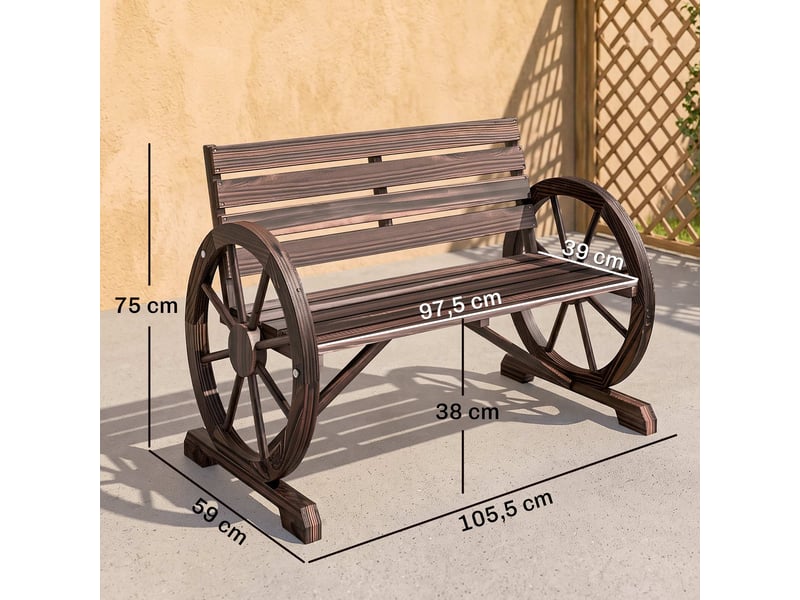  Banc de jardin banc 3 places banc en bois style rustique chic accoudoirs roues carbonisation  - Conforama E