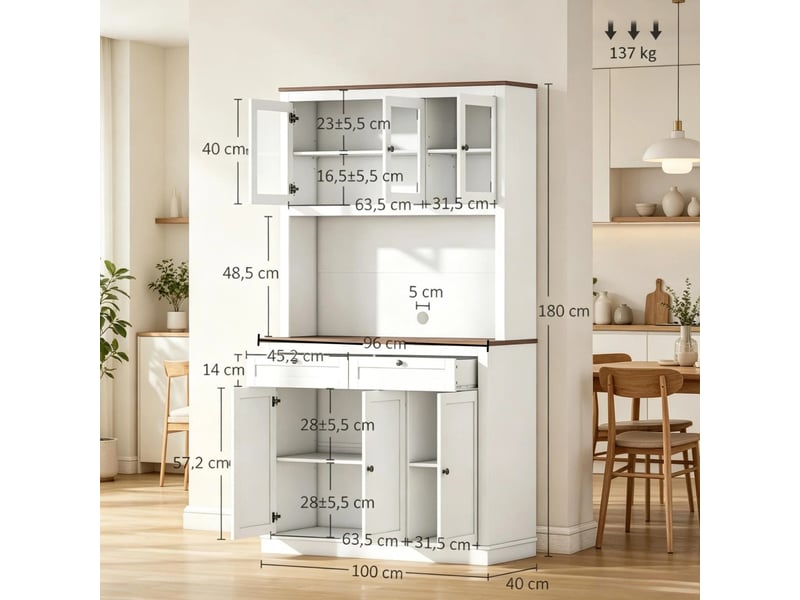  Buffet de cuisine blanc et bois clair avec 2 tiroirs, vitrines et plan de travail, rangement modulable  - Conforama C