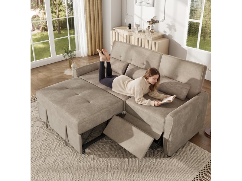  Canapé convertible 3 places 176 x 148 x 83 cm marron, tissu chenille, dossier réglable et extensible  - Conforama B