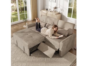 Canapé convertible 3 places 176 x 148 x 83 cm marron, tissu chenille, dossier réglable et extensible