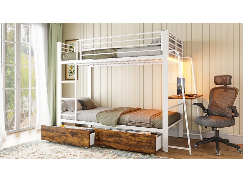 Lit superposé 90x200 cm, lit enfant, tiroirs, bureau, bois et métal noir et noyer foncé, blanc mat  - Conforama D