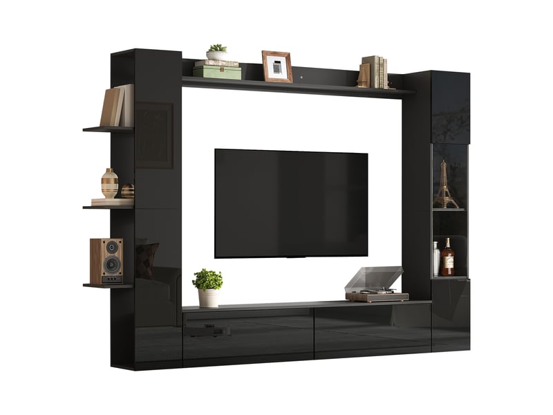  Ensemble meuble salon complet meuble tv mural noir 245 cm avec vitrine et rangements  - Conforama A