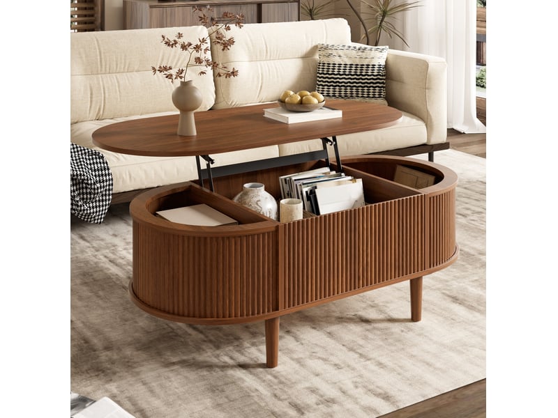  Table basse ovale relevable 100x48x54,5 cm coloris noyer avec rangement  - Conforama B