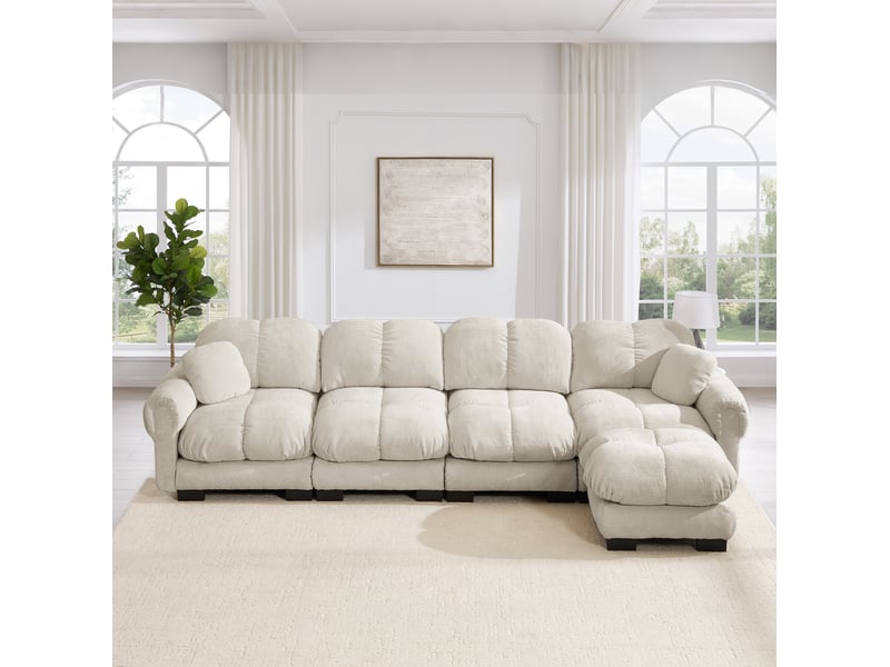  Canapé d'angle modulable modenvie 4 places en l avec ottomane mobile en chenille kaki clair 330 x 149 x 90 cm  - Conforama B