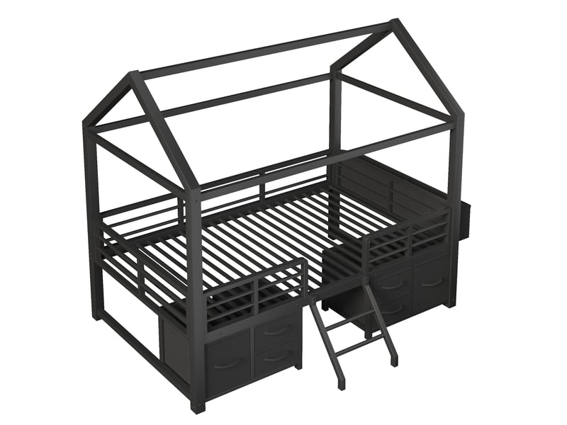  Lit mezzanine cabane 90 × 200 cm, métal, toit maison, rangements et tiroirs en tissu, éclairage led, noir  - Conforama A