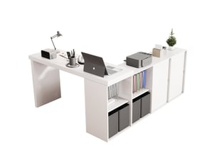Bureau d'angle rotatif 360° 140x120x78 cm, anti-basculement, 4 tiroirs, orientation gauche, meuble chambre, mdf, blanc