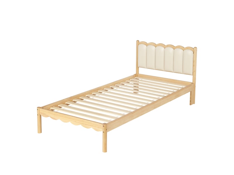  Lit enfant 90×200 cm, tête de lit rembourrée pu, cadre en bois massif, lit simple, sans matelas, naturelle et beige  - Conforama D