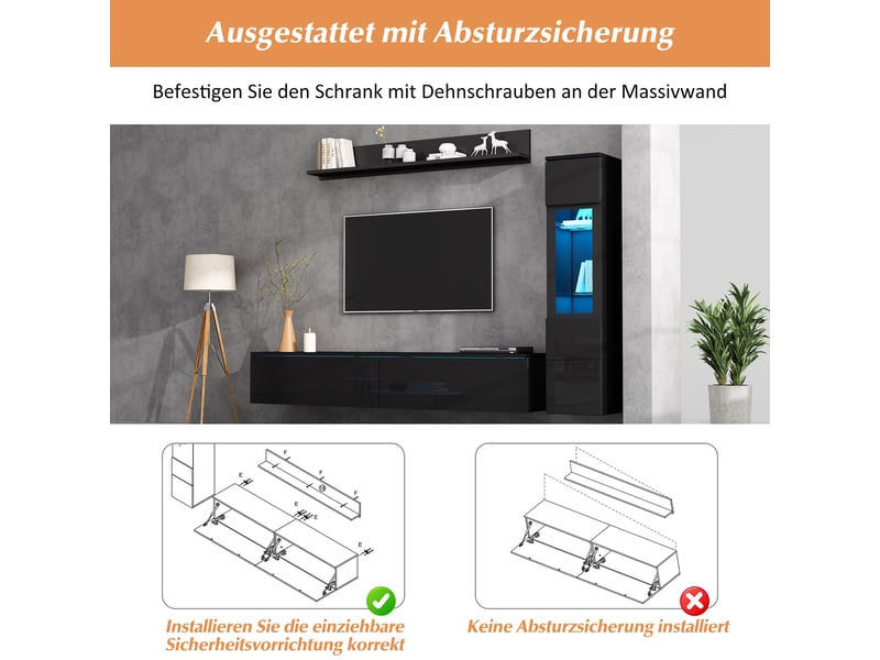  Ensemble meuble tv mural noir brillant avec led, composition tv 3 pièces jusqu'à 80 pouces, banc 180 cm, vitrine et étagère  - Conforama E