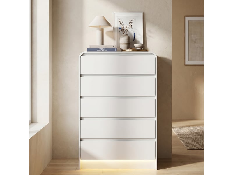  Commode de chambre, 73x40x110cm, avec 5 tiroirs et éclairage led, en bois, style moderne, blanc  - Conforama B