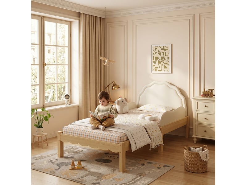  Lit enfant 90x200 cm avec tête de lit en pu, barrières latérales, cadre en bois, beige sans matelas  - Conforama B