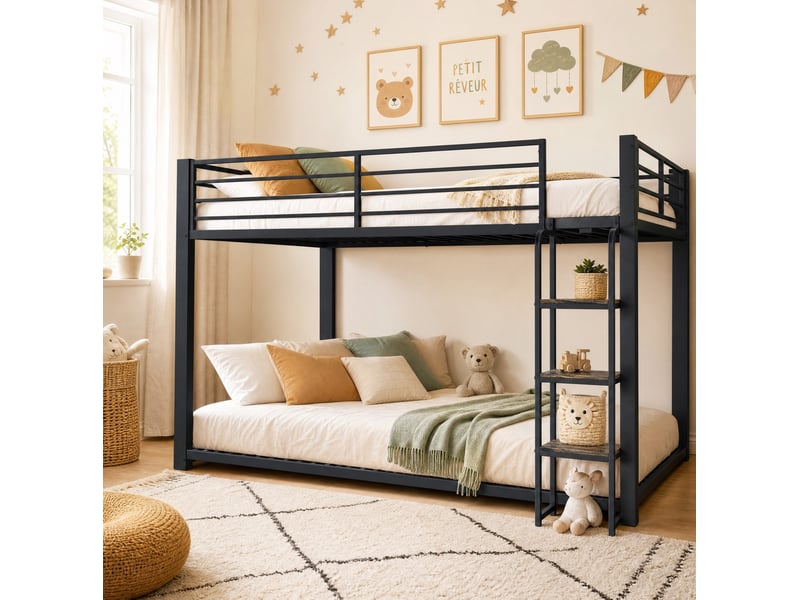  Lit superposé, 140x200 cm, sommier à lattes, garde corps de sécurité, matelas non inclus, bois et métal, coloris noir  - Conforama E