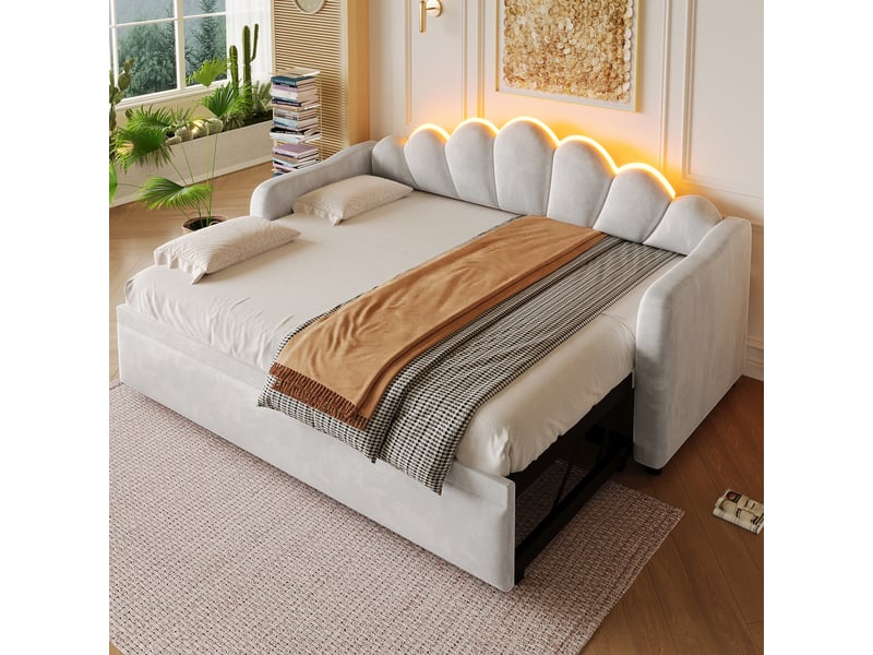 Lit tiroir gigogne 90x200 cm, velours gris, led 7 couleurs, 2 positions, sans matelas - Conforama B
