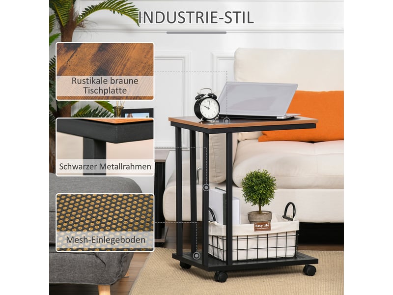  Table d'appoint en forme de c à roulettes mdf et acier noir et noyer 51 x 36 x 65 cm  - Conforama D