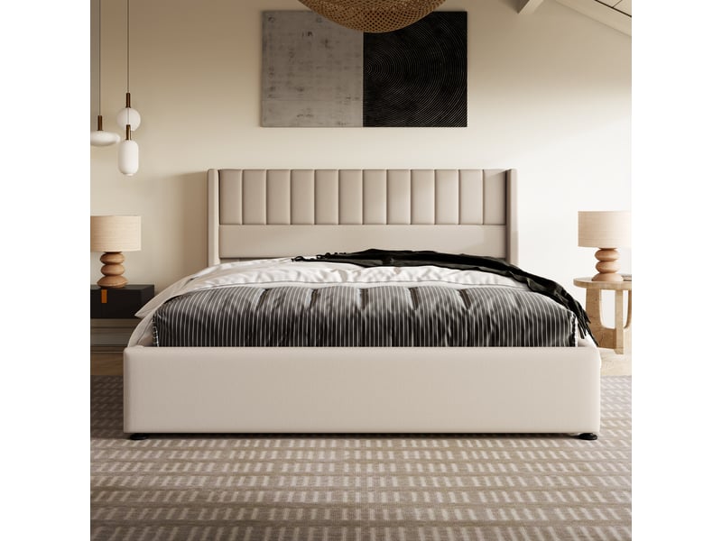 Lit coffre hydraulique 140x200 cm en lin, lit rembourré avec tête de lit capitonnée, sommier à lattes et rangement sous lit - beige (sans matelas) - Conforama C