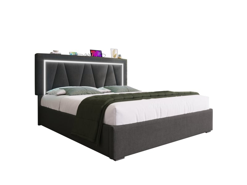  Lit rembourré double 160x200 cm en lin gris avec tête réglable, led, usb type-c, coffre, sans matelas  - Conforama A