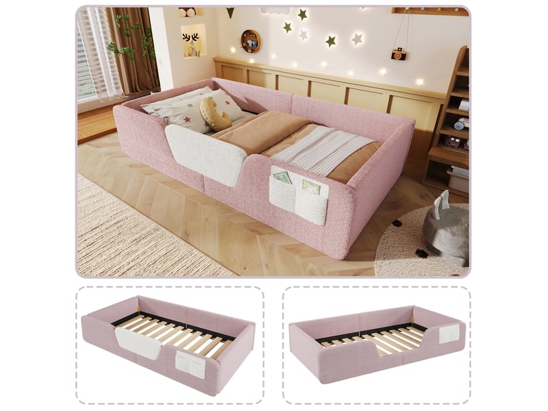  Lit enfant rembourré 90x190 cm, barrières amovibles, poche de rangement, velours, cadre bas, rose CozyNest - Conforama B