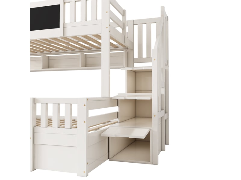 Lit superposé enfant 90x200140x200 - lit 3 places - tableau noir - escalier rangement - 2 tiroirs - étagère - garde-corps - blanc - Conforama D