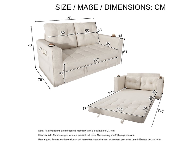  Canapé convertible 2 places 141x79x93 cm - canapé-lit extensible - dossier amovible et porte-gobelets - chenille - beige CozyNest - Conforama C