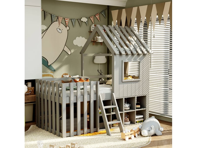  Lit mezzanine enfant 90x200 cm – gris – maison avec toit, fenêtre et rangements mobiles – sans matelas  - Conforama B