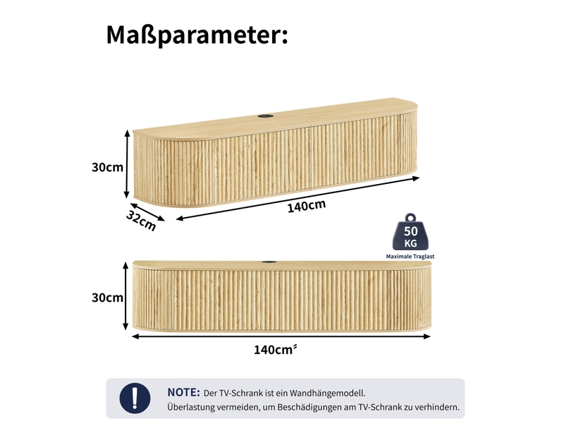  Meuble tv mural 140x32x30 cm avec passe-câbles, panneau de particules mdf, naturel  - Conforama E
