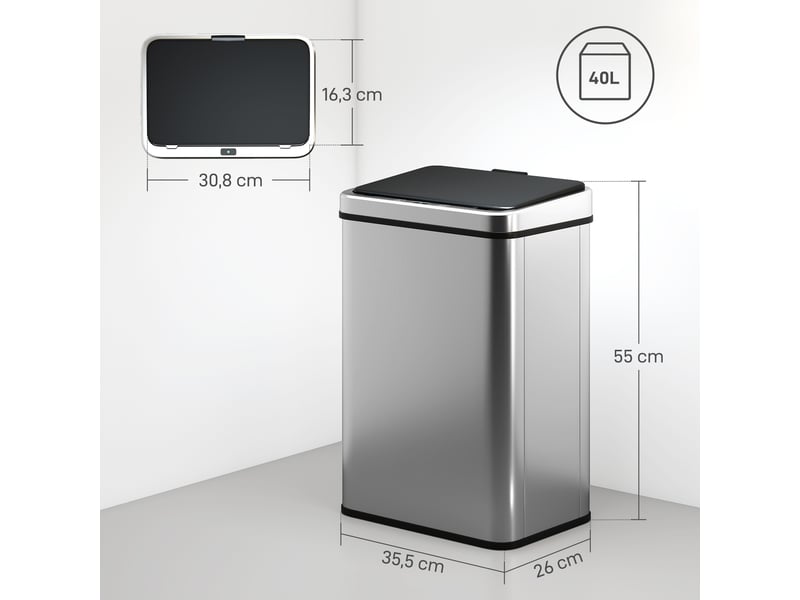  Poubelle à capteur de 40l, couvercle à fermeture en douceur, poubelle de cuisine automatique acier inoxydable, argenté  - Conforama E