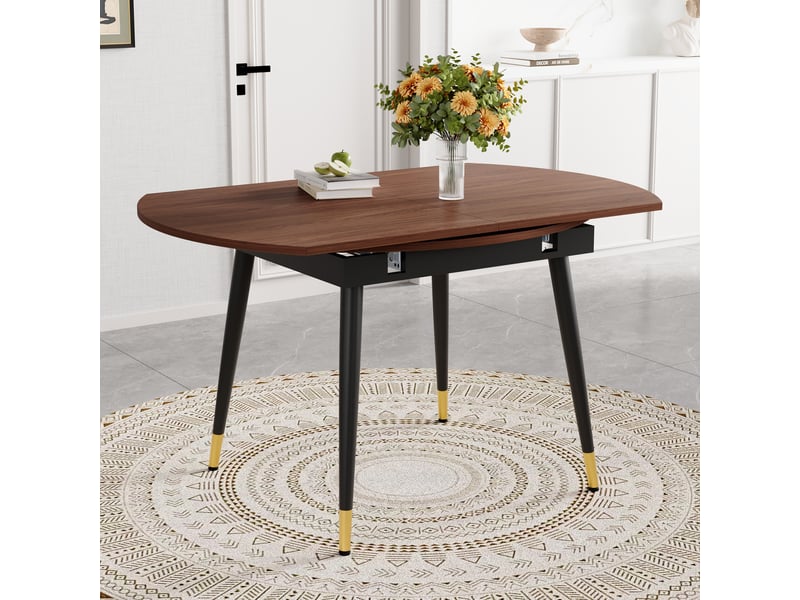  Table à rallonges, extensible, plateau en mdf rehaussé de touches dorées, couleur noyer  - Conforama D