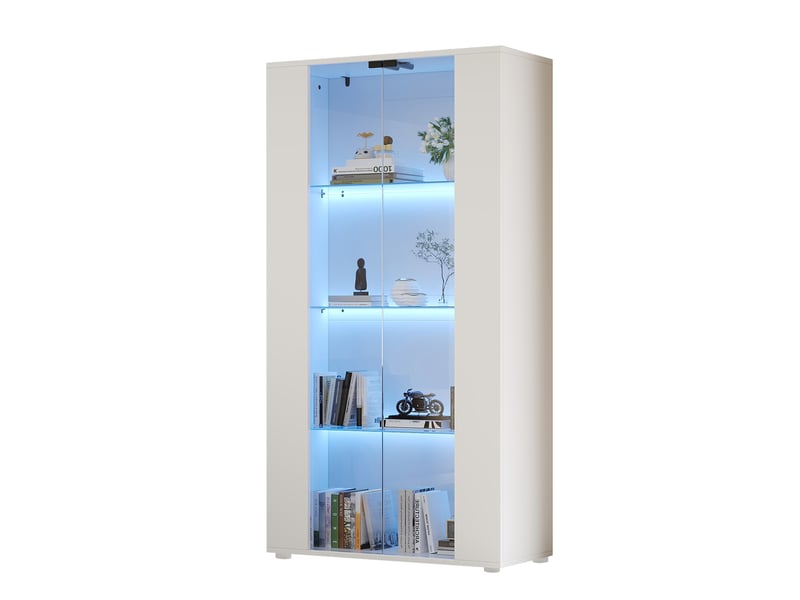  Vitrine blanche moderne 2 portes en verre avec éclairage led réglable, 4 étagères, 80x36x150 cm  - Conforama A