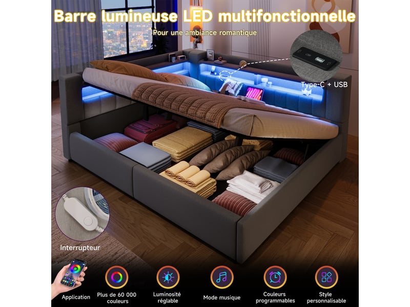  Lit coffre hydraulique 140x200 cm avec led et usb-c, tissu lin gris, structure mdf, sans matelas  - Conforama D