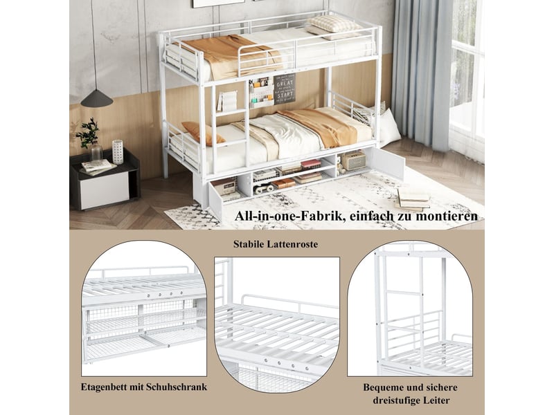  Lit superposé90x200cm - avec meuble à chaussures - lit superposé enfant -avec fonction rangement - avec échelle -garde-corps -blanc  - Conforama E