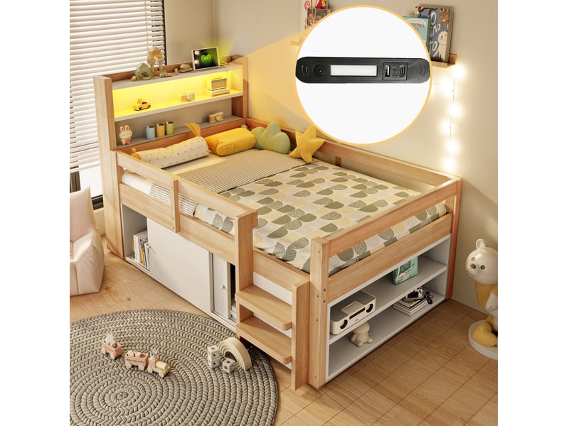  Lit enfant 90x200 cm avec rangements, portes coulissantes, led, usb, barrières, bois, bois naturel sans matelas  - Conforama E