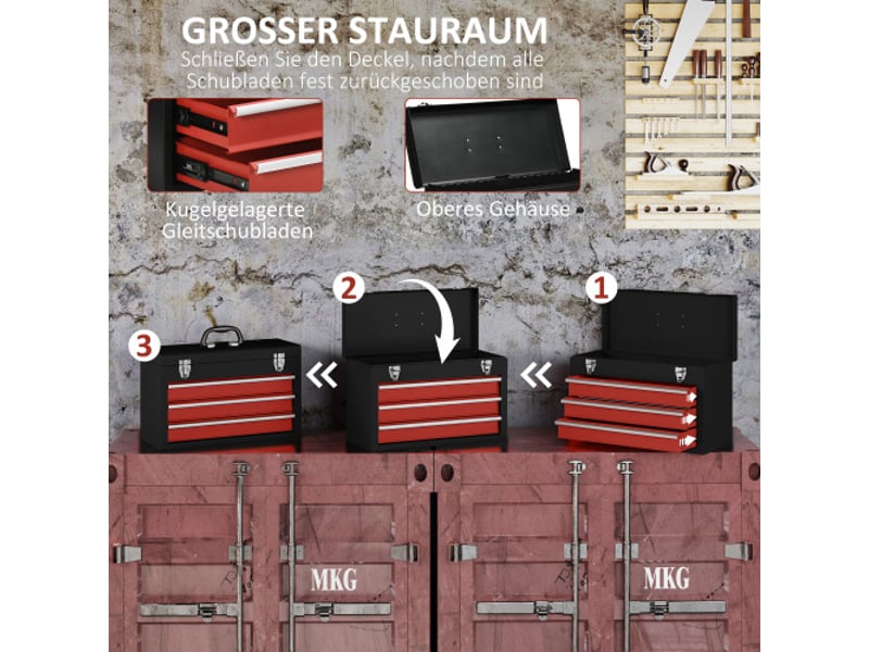  Caisse à outils vide en acier noir et rouge, 3 tiroirs, poignée et serrure, rangement pratique  - Conforama D