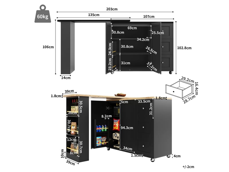  Îlot de cuisine pivotant 360° 135x39x106 cm sur roulettes mdf noir  - Conforama C