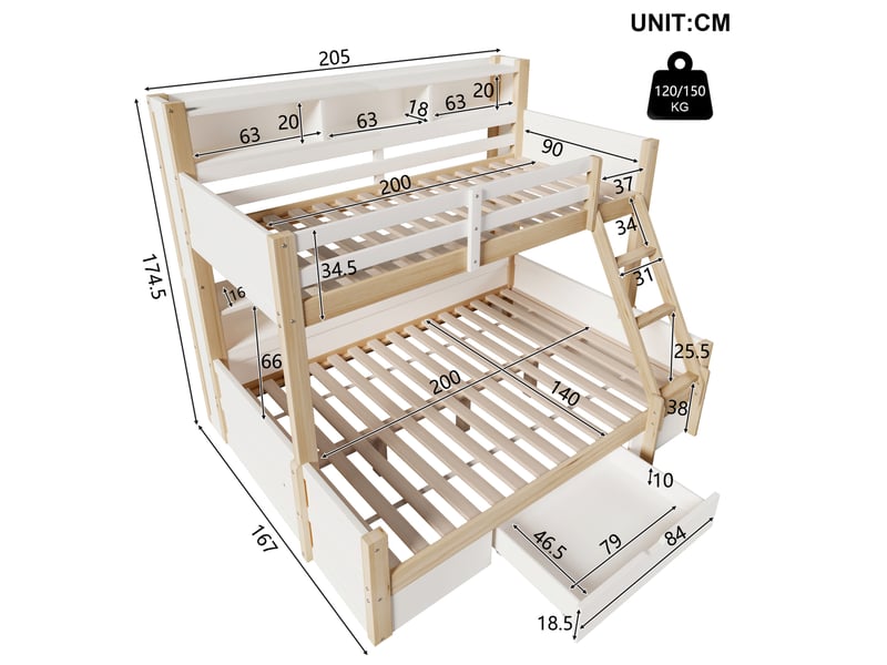  Lit superposé 90x200 et 140x200 cm avec rangements et led, blanc et naturel  - Conforama E