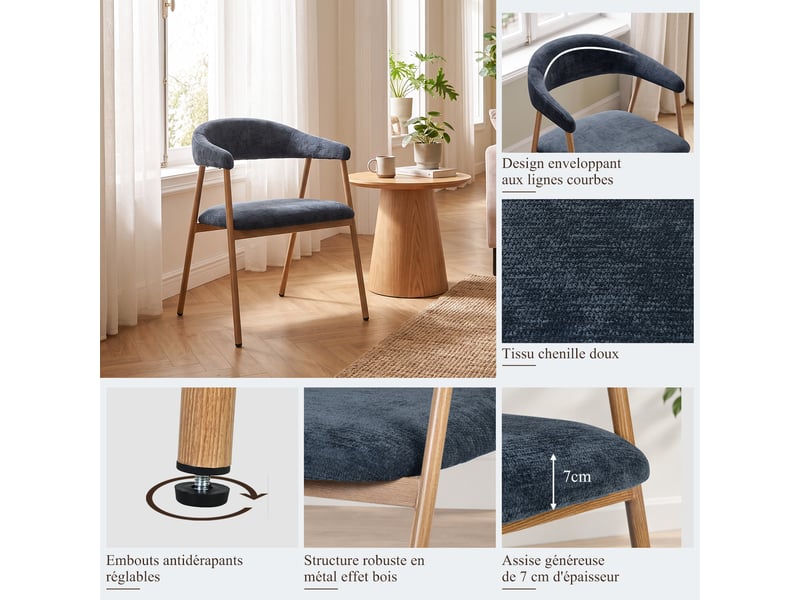 Chaises de salle à manger lot de 6 rembourrée en chenille, pieds en métal effet bois, bleu - Conforama E