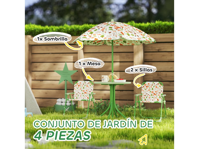  Ensemble de jardin pliable pour enfants avec 2 chaises, une table et un parasol réglable pour les enfants de 2 à 5 ans, vert  - Conforama E