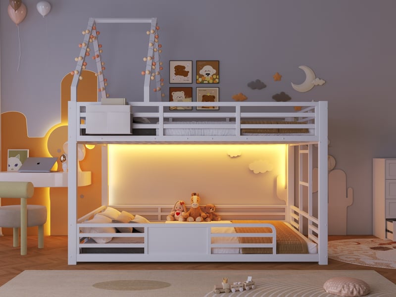  Lit superposé en métal 140x200 cm avec led, design maison, toit à monter soi-même, poches tissu, barrières sécurité, blanc  - Conforama B